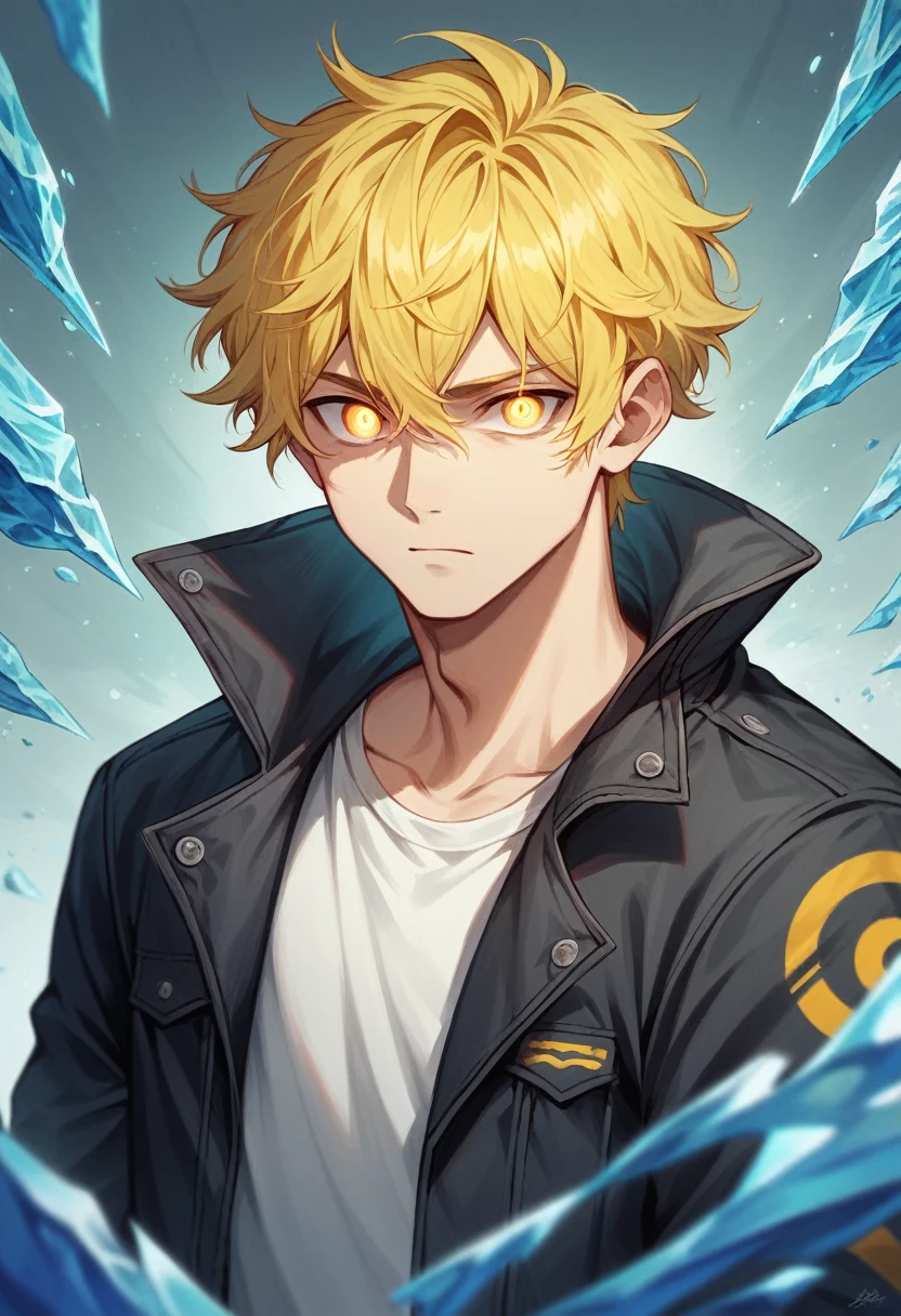 1boy,wearing a black jacket with blue ice energy running throughout the jacket,golden grey eyes, ((yellow hair)), wavy messy unkept hair, ultra detailed eyes, glowing eyes, highest quality digital art, Stunning art, wallpaper 4k, highly detailed,BREAK