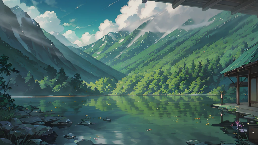 springtime, ln the forest, lake, speleothems, tree, rockery, hot onsen, vapour, (illustratio: 1.0), Epic composition, Lifelike lighting, HD details, tmasterpiece, best qualityer, (The is very detailed的 CG unified 8k 壁纸)