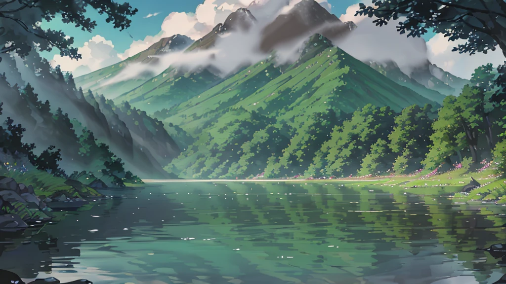 springtime, ln the forest, lake, speleothems, tree, rockery, hot onsen, vapour, (illustratio: 1.0), Epic composition, Lifelike lighting, HD details, tmasterpiece, best qualityer, (The is very detailed的 CG unified 8k 壁纸)