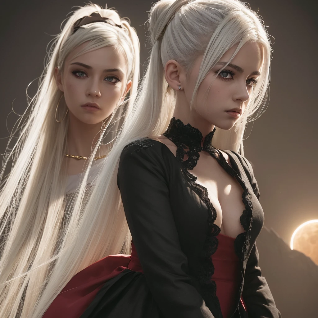 A highly detailed and realistic 1girl with white hair in a ponytail, wearing a red gothic dress, standing in front of a simple gold color background, giving a death stare, with an eclipse background, masterpiece, high quality, HCNONE, pixel art