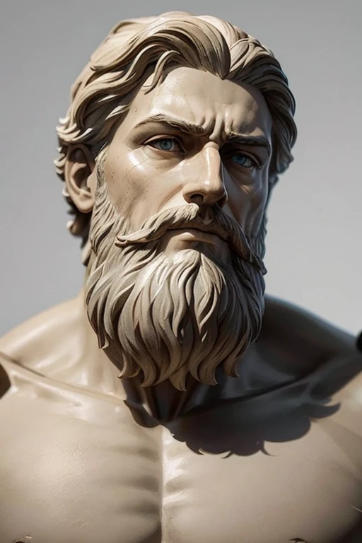 generate an image with a neutral background of the top part of a statue of a masculine, stoic, wise, thoughtful and bearded man
