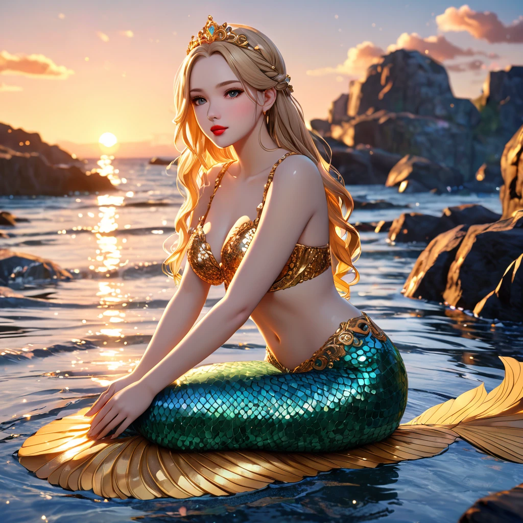 cute 20 year old mermaid princess with blonde hair with braids wearing beautiful hair accessoires sitting in the water posing and leaning with one arm on a stone, sunset, wears a golden glittery mermaid bra, beautiful mermaid, beautiful detailed human face, red lips, alluring eyes, elaborated mermaid golden tail, serene, masterpiece, full body shot, highres, high resolution, high quality, intricate details, extremely detailed, incredible details, full colored, complex details, insanely detailed and intricate, extremely detailed with rich colors. masterpiece, best quality, HDR, UHD, unreal engine, High quality, gorgeous, glamorous, 8k, super detail, gorgeous light and shadow, detailed decoration, detailed lines, glittery, fantasy, pretty colors, anime style
