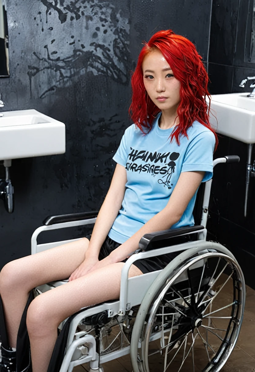 Uhd, photo of Cami, subject: Noriko, 1/2 Japanese 1/2 Hainu skinny girl in 2/00 a large wheelchair with ((wet long red hair and head resting on a Hairdressing Sink)), shampoo foam on hair, blue+++ eyes, oval face, LGBTQIA+, queer, punk style, wearing grey tracksuit treasures and black t-shirt, tattooes. Background: black walls of hairdressers' studio.