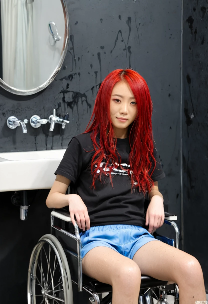 Uhd, photo of Cami, subject: Noriko, 1/2 Japanese 1/2 Hainu skinny girl in 2/00 a large wheelchair with ((wet long red hair and head resting on a Hairdressing Sink)), shampoo foam on hair, blue+++ eyes, oval face, LGBTQIA+, queer, punk style, wearing grey tracksuit treasures and black t-shirt, tattooes. Background: black walls of hairdressers' studio.