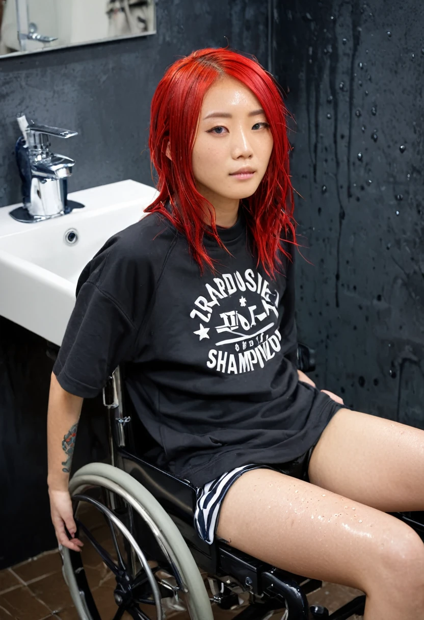 Uhd, photo of Cami, subject: Noriko, 1/2 Japanese 1/2 Hainu skinny girl in 2/00 a large wheelchair with ((wet long red hair and head resting on a Hairdressing Sink)), shampoo foam on hair, blue+++ eyes, oval face, LGBTQIA+, queer, punk style, wearing grey tracksuit treasures and black t-shirt, tattooes. Background: black walls of hairdressers' studio.