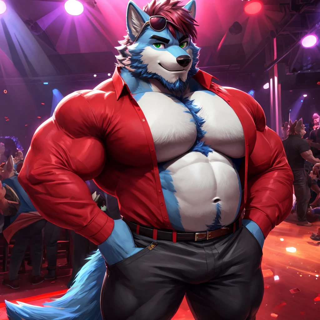 ((best quality)), ((masterpiece)), (Ultra detailed), ((4k)).

Anthro Wolf , Light Blue Fur , Red Color Short Hair , Red Color Beard , Handsone , Good Looking , Green Eyes ,(Eyes Details), Middle Ages , Huge Pecs , muscle Fat Belly , Club , cute pose , sunglasses , Warrior ,

Long Sleeve Shirt tight, Thight long Pant