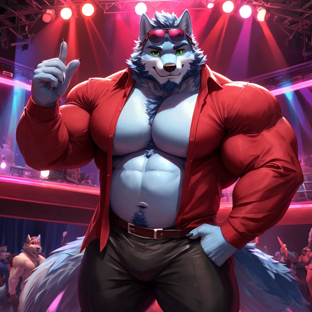 ((best quality)), ((masterpiece)), (Ultra detailed), ((4k)).
Anthro Wolf , Light Blue Fur , Red Color Short Hair , Red Color Beard , Handsone , Good Looking , Green Eyes ,(Eyes Details), Middle Ages , Huge Pecs , muscle Fat Belly , Club , cute pose , sunglasses , Warrior ,
Long Sleeve Shirt tight, Thight long Pant
