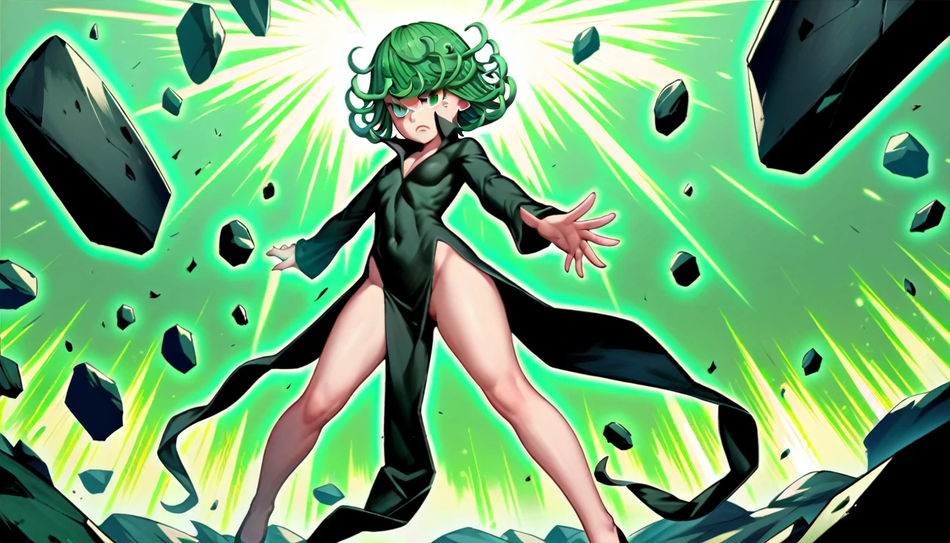 1girl, solo, tatsumaki, tatsumaki from one punch man, standing angrily, hands folded, in front of debris, angry face, angry expression, green aura around her body, big eyes, 16:9, PC wallpaper, 1080p, black outfit, pelvic curtain, green hair, green eyes, official anime art