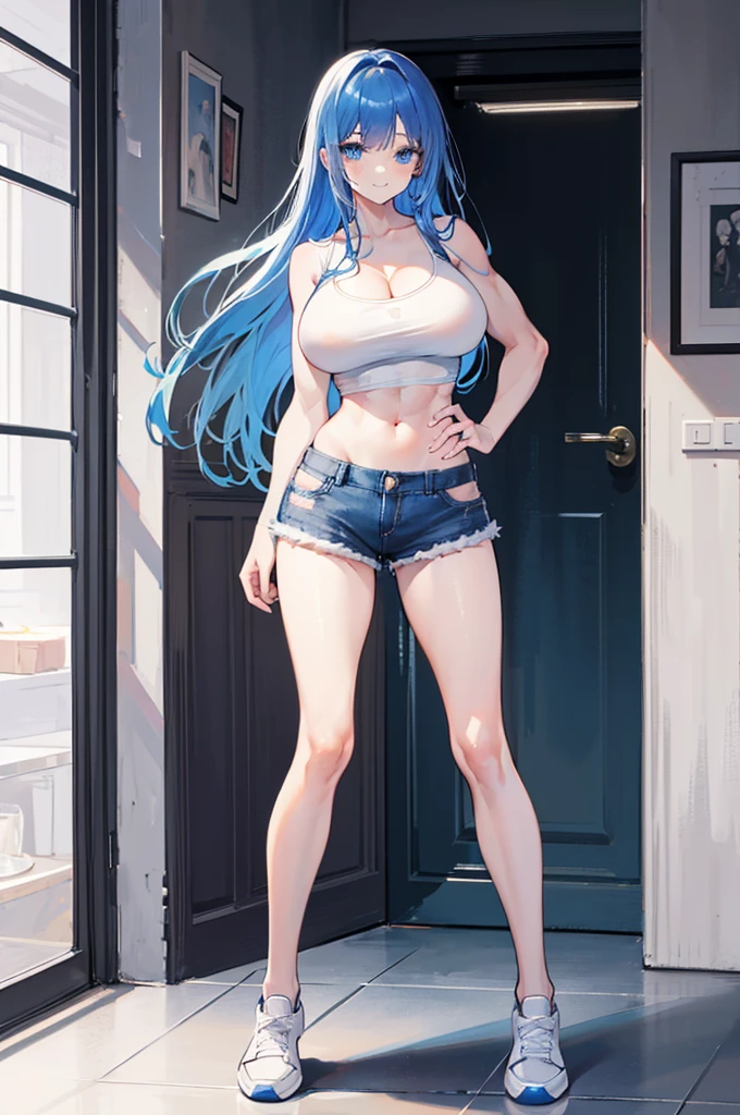 1girl, solo, (blue hair, blue eyes, long hair, bangs:1.0), (large breasts, biceps, triceps, muscular shoulders, muscular arms, narrow waist, , shortstack:1.1), (white shirt, cleavage, bare shoulders, bare arms, bare legs, denim shorts, midriff peek, white shoes:1.0), light smile, indoors, full body,
