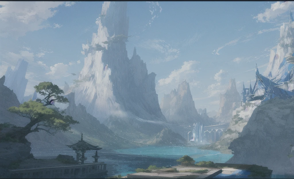 ConceptArt, nobody, landscape, water, sky, day, tree, cloud, waterfall, outdoors, architecture, nature, river, blue sky