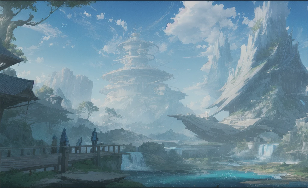 ConceptArt, nobody, landscape, water, sky, day, tree, cloud, waterfall, outdoors, architecture, nature, river, blue sky