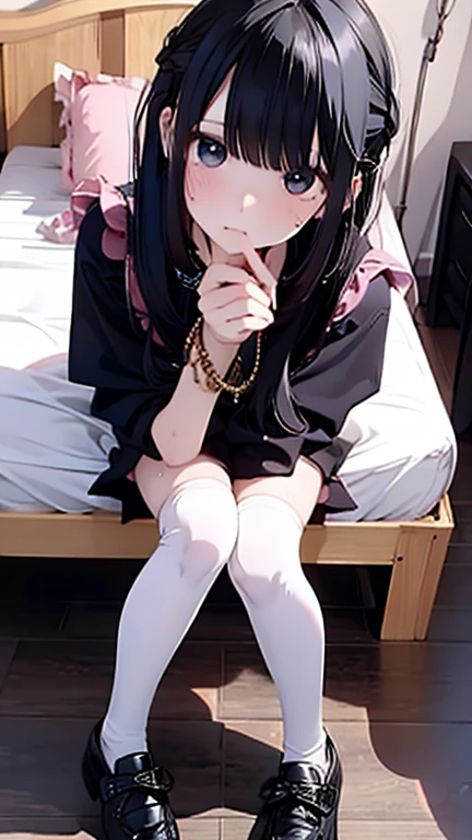 (Highest quality), (masterpiece), 1080P, High resolution, 4K, 8k, Thigh straps, Shooting from directly below, The woman on top of me, Nipples, 白いSweat, Covered , Sweat, Woman looking down, Micro Bikini, Skirt swimsuit, Thigh-high socks, To achieve this, , Small breasts, whole body, Black leather shoes, Braided hair, Inner Color, Embarrassed face, Short black hair, bracelet, Bedroom