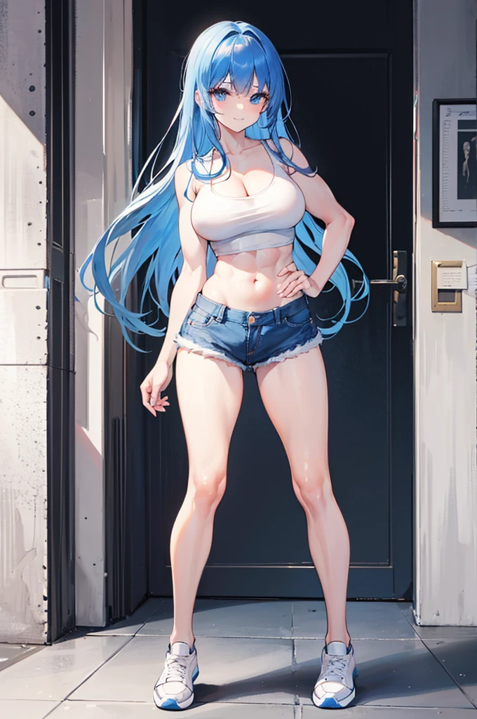 1girl, solo, (blue hair, blue eyes, long hair, bangs:1.0), (large breasts, biceps, triceps, muscular shoulders, muscular arms, narrow waist, petite:1.1), (white shirt, cleavage, bare shoulders, bare arms, bare legs, denim shorts, midriff peek, white shoes:1.0), light smile, indoors, full body,