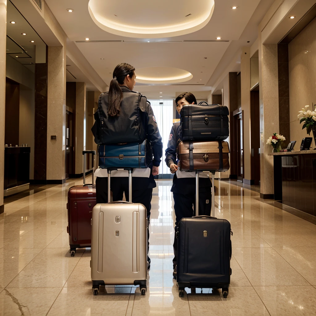 Someone carrying a lot of suitcases was in front of the hotel lobby