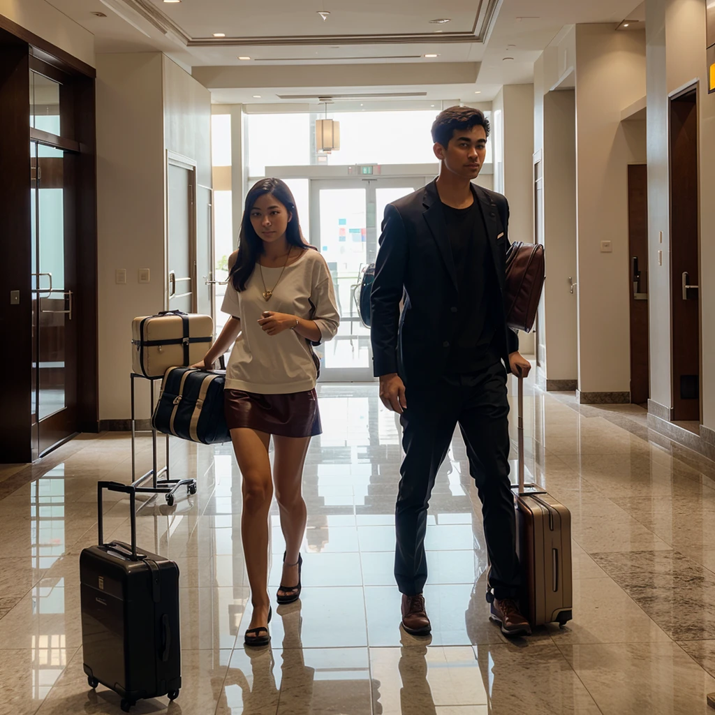 Someone carrying a lot of suitcases was in front of the hotel lobby
