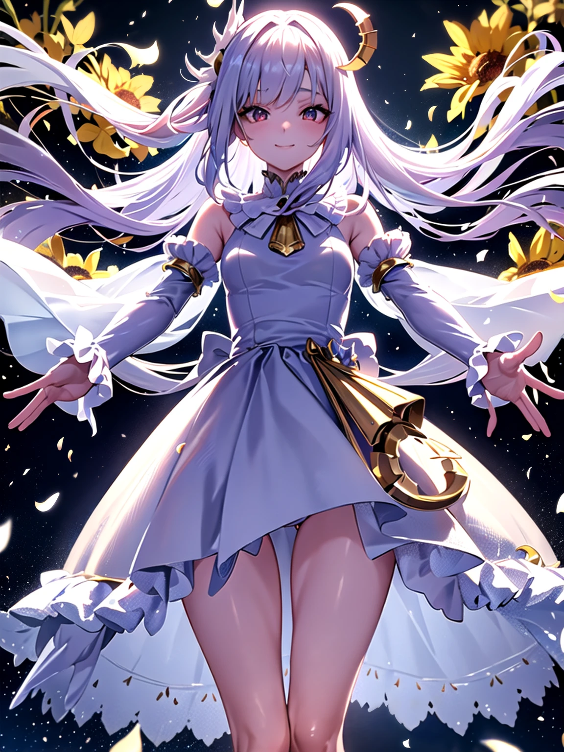 ((anatomically correct, super detail, award winning, masterpiece, Highest quality, crescent hair ornament, cinematic lighting, 8k)) , One personの女の子, Small breasts.Long hair in the snow, Wearing a dress, skirt, フレアskirt, With eyes closed and smiling gently, Anime Fantasy, Flowing white hair, Fantasy Anime,Bunny ears:1.5. Ethereal Anime, Beautiful anime art, Beautiful digital art, Anime Fantasyアートワーク, Anime Fantasyアートワーク, Sheet.One person, Dancing gracefully in the flurry of falling flowers, skirtを翻しながら優雅に,spread your arms wide, Standing on one tiptoe like a ballerina, Captivating Movement, Beautiful garden at night, from below