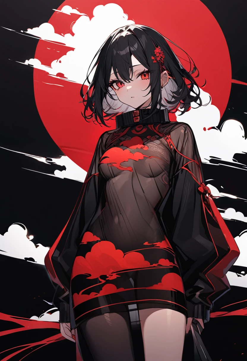 ((highest quality)), ((masterpiece)), (be familiar with),One female,Black Hair,Red eyes,Black Dress,Chest tattoo, Bewitching Smile,Heel,Black Hair,Hair tied around the neck,Red shawl,Erect nipples
