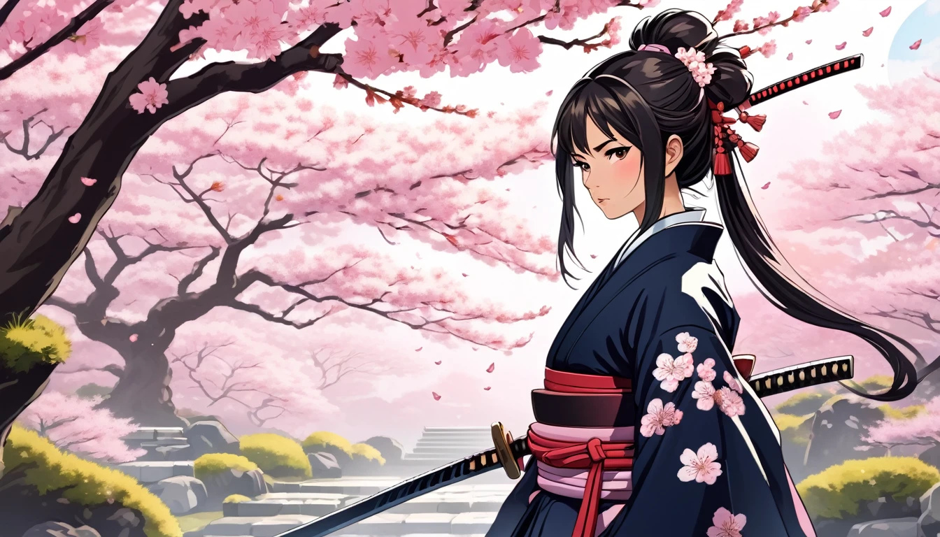 Female samurai,Background is cherry blossoms and Japanese garden,Japanese anime style