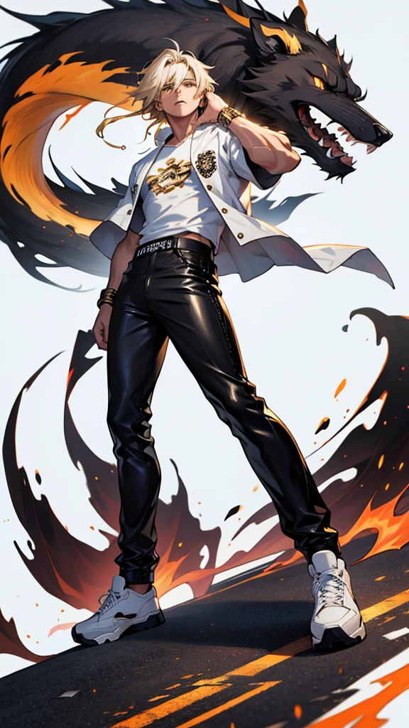 17 year old boy, 1.60 cm tall, gold eyes, long golden hair, thin and muscular, Tokyo Manji gang style and long face, fighter. anime, dressed in a white t-shirt, black long pants and a black leather jacket with leo symbol. Make the character look full body with long leather pants and big shoes. Image in high quality 8k