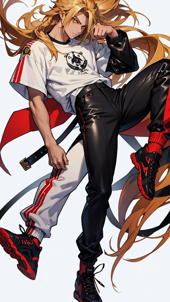 17 year old boy, 1.60 cm tall, gold eyes, long golden hair, thin and muscular, Tokyo Manji gang style and long face, fighter. anime, dressed in a white t-shirt, black long pants and a black leather jacket with leo symbol. Make the character look full body with long leather pants and big shoes. Image in high quality 8k