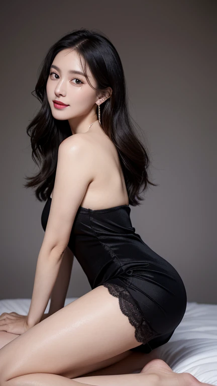 A round-faced, slightly plump girl looks back,Huge breasts,Bright Eyes,Long eyelashes,whole body远景照,whole body,whole body远景照,A beautiful girl with exquisite real life,Long curly blond hair, delicate facial features,Beautiful Girl,Collarbone strapless,Chinese style costume,Western Regions,Black dress,sweet smile,soft,Fantastic quality,Light white and dark brown,Exaggerated facial features,Solid Color,Surreal,Ultra-clear,Beautiful young girl,Cute and lively,The background is by the sea,Extremely beautiful mature woman,Black hair,Bright and clear big eyes,Soft, fair and translucent skin,Delicate red lips,Danfeng charming eyes,Oval face,Ruddy complexion,Realistic,earrings,Black lace dress,maximum,Rejoice smooth hair,Charming temperament,Extreme details,Realistic details,Elegant lines,Delicate as silk,The small mouth opens slightly,slim,High-definition realism,Charming temperament,Asian beauty,Plump,whole body镜头,Best picture quality,Skin is white,Long and tall legs,whole body照,Gold necklace,Jade bracelet