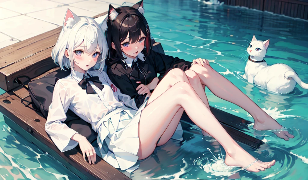 長い頭とwhiteい髪，cute，Bloodshot eyes，Cat ear，blush，Runaway Water，Play a sound，Out of breath，，white，Spread your legs，Skirt flips up，leak