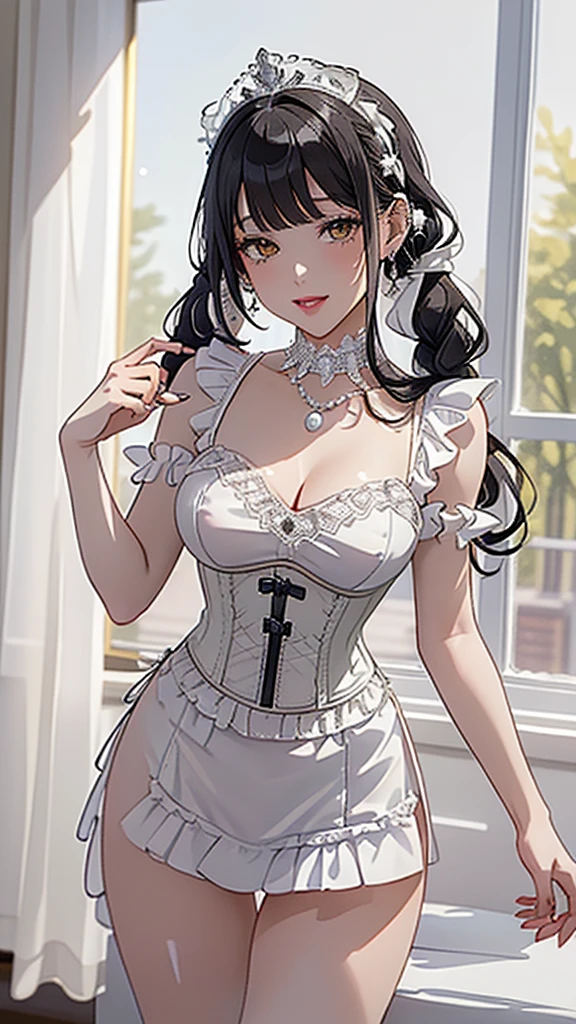 (((masterpiece, super high resolution, ultra HD, 8K quality))), (((((woman in shining white colored corset dress))))), (((See-through revealing dress))), (((((shining Black Hair, braided pigtails))))) , (((beautiful sparkling yellow eyes, pupils with highlights))), ((bangs bangs)), pink lips, sexy expression, ((highly detailed)), (perfectly detailed face), (detailed and carefully drawn hands), (((very Big Tits))), (((charming smile))), photorealistic image, silver tiara and earrings, pearl necklace, jade bangle, diamond ring, Beautiful figure from the knees up, standing, beautiful pose
