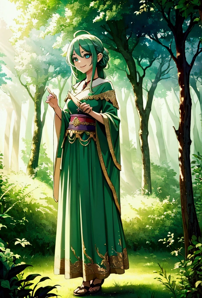 High accuracy, (Official art, Beautiful and aesthetic: 1.2), Close view, Wide world, Girl, Was, Refreshing smile, long skirt, Far Horizon, forest, Natural Beauty, inspiration, Light effect  