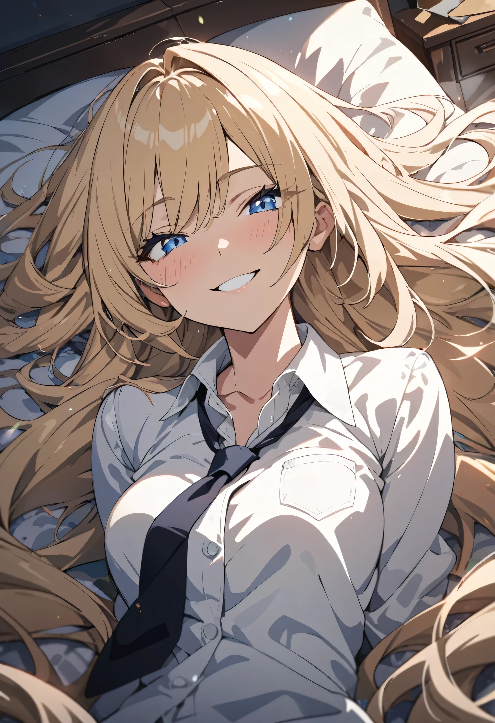 masterpiece, best quality, high quality, detailed, ultra detailed, hyper detailed, insanely detailed, exquisite, beautiful, woman, grinning, lying down, lying on back, looking at viewer, evil smiling, absurdly long hair, blonde, blue eyes, tall, undone clothing, hair ribbon, necktie, in the bedroom, with a bed, at night, cel anime, upper body, from front, golden ratio, frame within a frame composition, diagonal composition