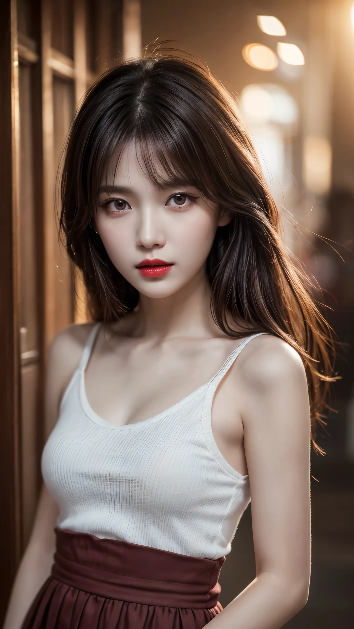 (Best quality,8k,high resolution,masterpiece:1.2),Digital Artwork, A girl，Delicate face，Delicate eyes，Dark brown hair，Long straight hair，Shining amber eyes，Red lips，suspender long skirt，particle，dust，Warm colors，shy，in love，Eevee drawing，(HD skin)，Shallow depth of field，Film photos