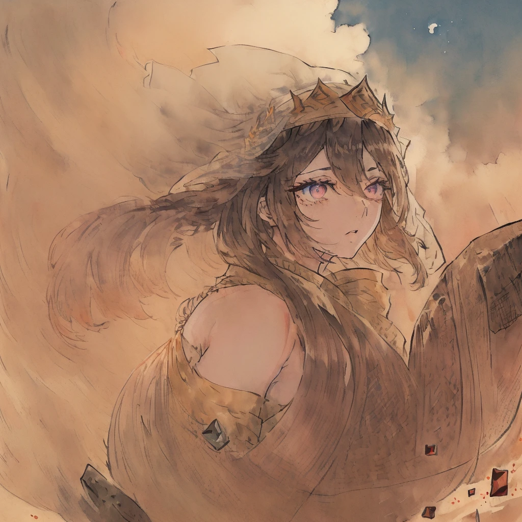cinematic lighting, ((best quality)),((extremely_detailed_eyes_and_face)),((((ink)))),((illustration)),depth of field,((extremely detailed)),((watercolor)),((anime face)),(((dramatic_angle))),medium_breast,(8k_wallpaper),((bright_eyes)), (looking_at_viewers),(an detailed organdie dress),(((((very_close_to_viewers))))),((sleepy)),((masterpiece)),((((((surrounded_by_heavy_floating_sand_flow_and_floating_sharp_stones)))))),(((((messy_long_hair))))),((((veil)))),focus_on_face,(upper_body),(bare_shoulder),((((1girl)))),(golden_bracelet),(long yarn),((sunset)),lens_flare,light_leaks,((detailed_beautiful_desert_with_cactus)),medium_wind,(detailed_beautiful_sky)