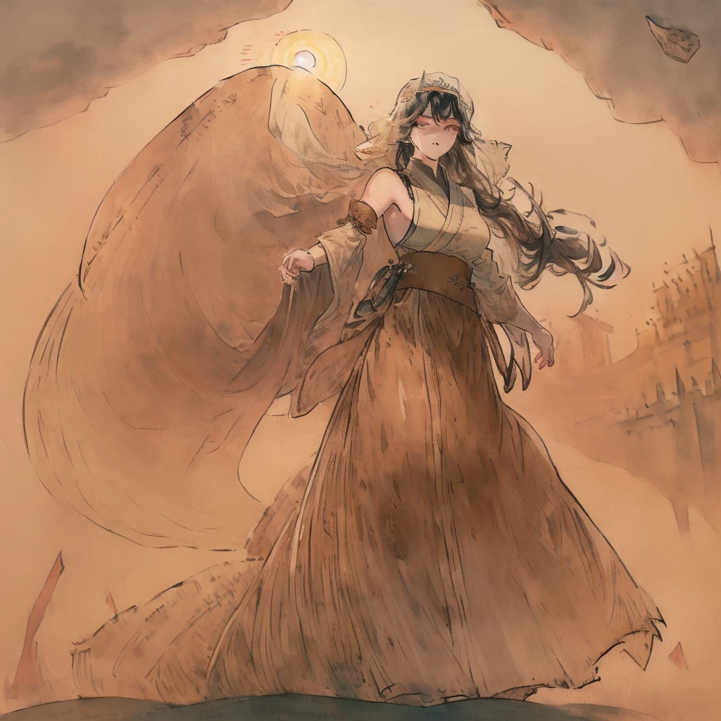 cinematic lighting, ((best quality)),((extremely_detailed_eyes_and_face)),((((ink)))),((illustration)),depth of field,((extremely detailed)),((watercolor)),((anime face)),(((dramatic_angle))),medium_breast,(8k_wallpaper),((bright_eyes)), (looking_at_viewers),(an detailed organdie dress),(((((very_close_to_viewers))))),((sleepy)),((masterpiece)),((((((surrounded_by_heavy_floating_sand_flow_and_floating_sharp_stones)))))),(((((messy_long_hair))))),((((veil)))),focus_on_face,(upper_body),(bare_shoulder),((((1girl)))),(golden_bracelet),(long yarn),((sunset)),lens_flare,light_leaks,((detailed_beautiful_desert_with_cactus)),medium_wind,(detailed_beautiful_sky)