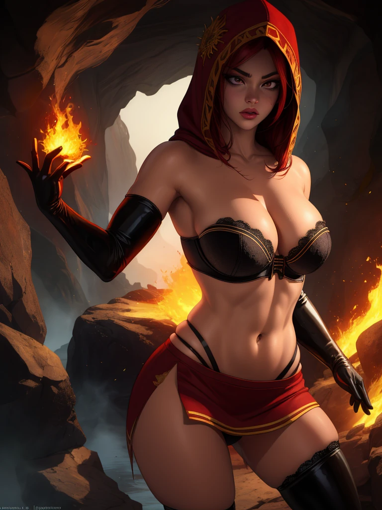 Dsorceress, redhair, shadowy face,dark cave, fire, hood, shadowed face, strapless bra, slim and athletic body, miniskirt, no panty, elbow gloves, dark skin, 1 girl (insanely detailed, masterpiece, best quality)