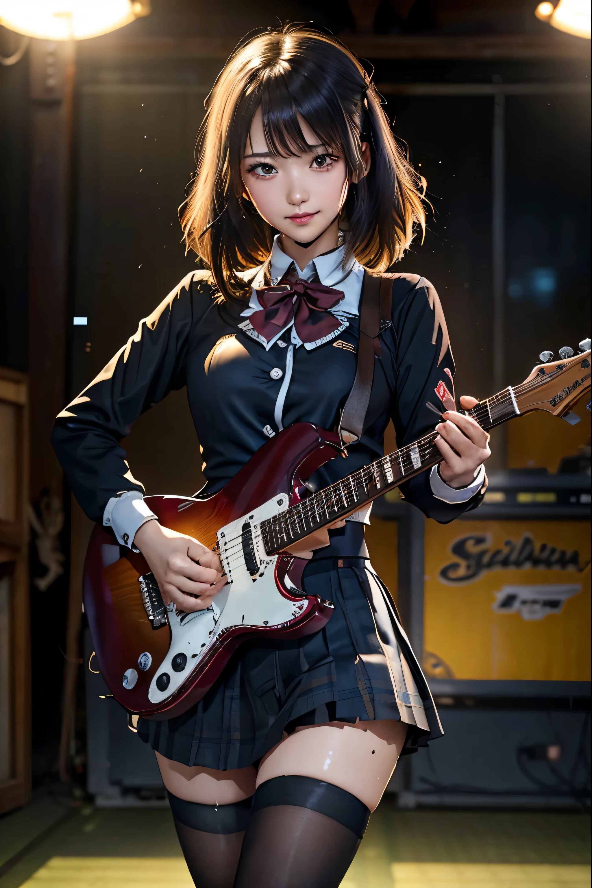 High school girl blazer、uniform、Red checked knee-length skirt、Long skirt、JK Style、Jacket、smile、Knee-high socks、Thigh-high socks、pantyhose、Extremely beautiful、Super cute、ennui、Rare Beauty、Dark black eyeshadow、Good skin tone、Long Hair Straightener、Dark gothic makeup、濃いsmile、Fragrance Beauty、Stained glass background、masterpiece、Highest quality、See 5 books、Sweat glistening on the chest、Sweat glistening on the face、、Golden Hair、Age 19 years old、Slightly slim、Mysterious look、Sad look、Golden Hair、Excessive sweating all over the body、A lot of sweat and light on the thighs、Shiny thighs、Plenty of sweat glistening on my thighs、Copious sweat glistens on the thighs、Sweating excessively、Gal、Japanese style face、Captivating look、Thin thighs、Playing guitar、I have a guitar、Singing passionately、バンドでPlaying guitar、Playing guitar chords、Background of the live music venue、Sing a song、Mouth open、Scenery of a live music venue、Mike stand、Glamorous live stage、Dynamic Angles、Platform boots、Are standing、Hime cut hair、Gothic Lolita、Shiny straight hair、