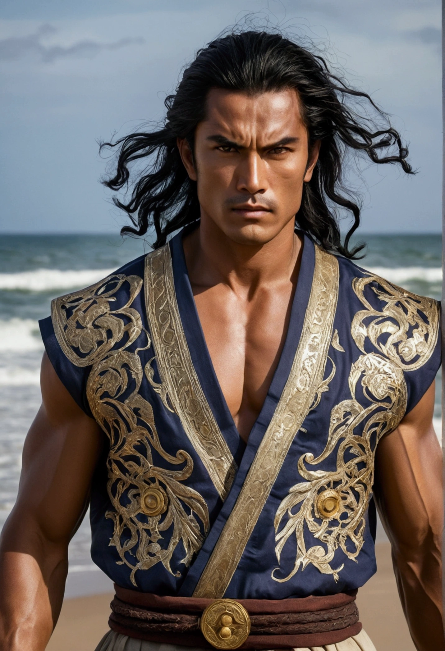 Qelan is a man with an imposing and serene appearance., with an upright and firm posture. Your face is marked by strong features, with piercing navy blue eyes that seem to reflect the depth of the seas that he so reveres. Your hair is short and dark, often stuck back, highlighting a serious and determined expression. His skin has a tan tone, result of long journeys under the sun and sea breeze.
He is lean and muscular, fruit of years of intense training in martial arts and the practice of Ondaru. His robes are simple, mas elegantes, generally consisting of a tiski of light colors that refer to the sea and the wind, adorned with details symbolizing its affiliation with the Lords of the Tides. in combat, he moves with the grace and strength of a storm, reflecting his mastery over the elements of water and wind.
Qelan uses few adornments, preferring functional simplicity that reflects his discipline and devotion to the cause of Caramuru. however, always carries with him an amulet made by his wife, Liora, as a symbol of protection and love. His hands are calloused, but firm, reflecting both his skill in combat and his dedication to work and family.
