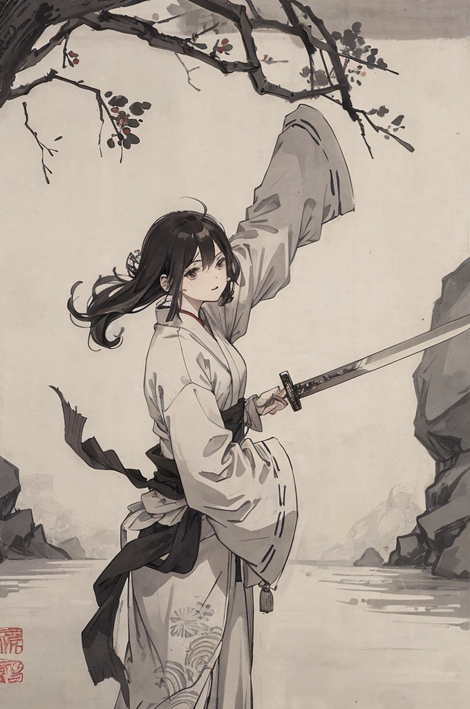 (tmasterpiece,best qualtiy:1.2),Tradition Chinese Ink Painting,The warrior wields a sword、The wind blows away the hair