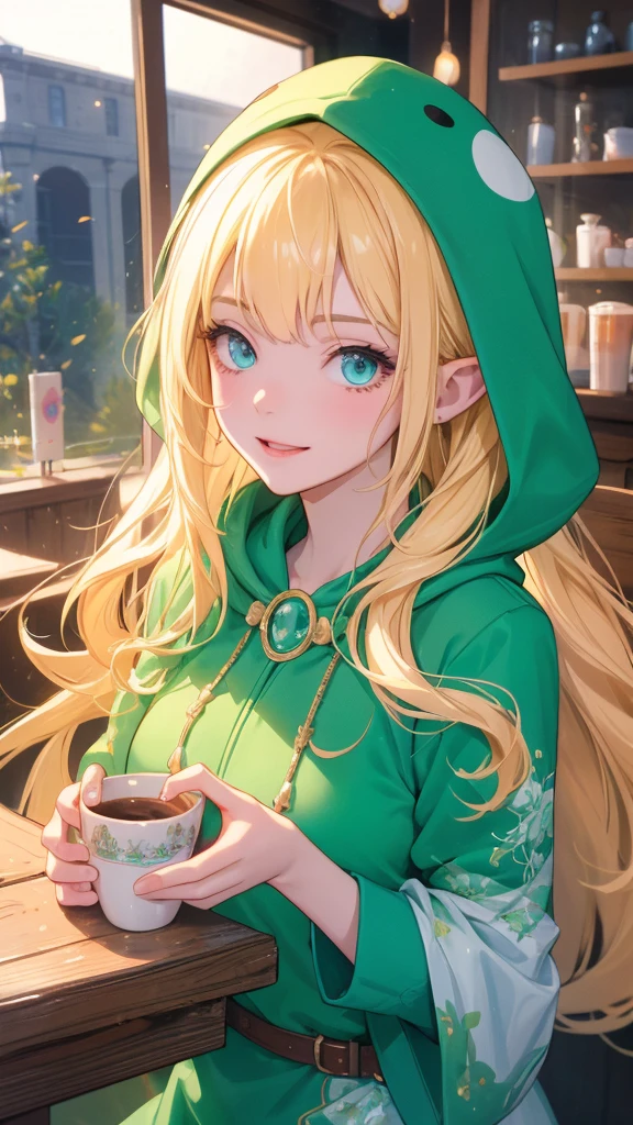 work of art, epic details, ultra detaild, best resolution, blonder woman, BEAUTIFUL ELF, rosto angelical, sculptural body, wearing loose green kigurumi pajamas with a hood, perfect hands, expression of happiness, Grinning, big simple smile, Scenario: a coffee shop, supper: having fun, no mistakes, epic details na face, ultra perfect eyes