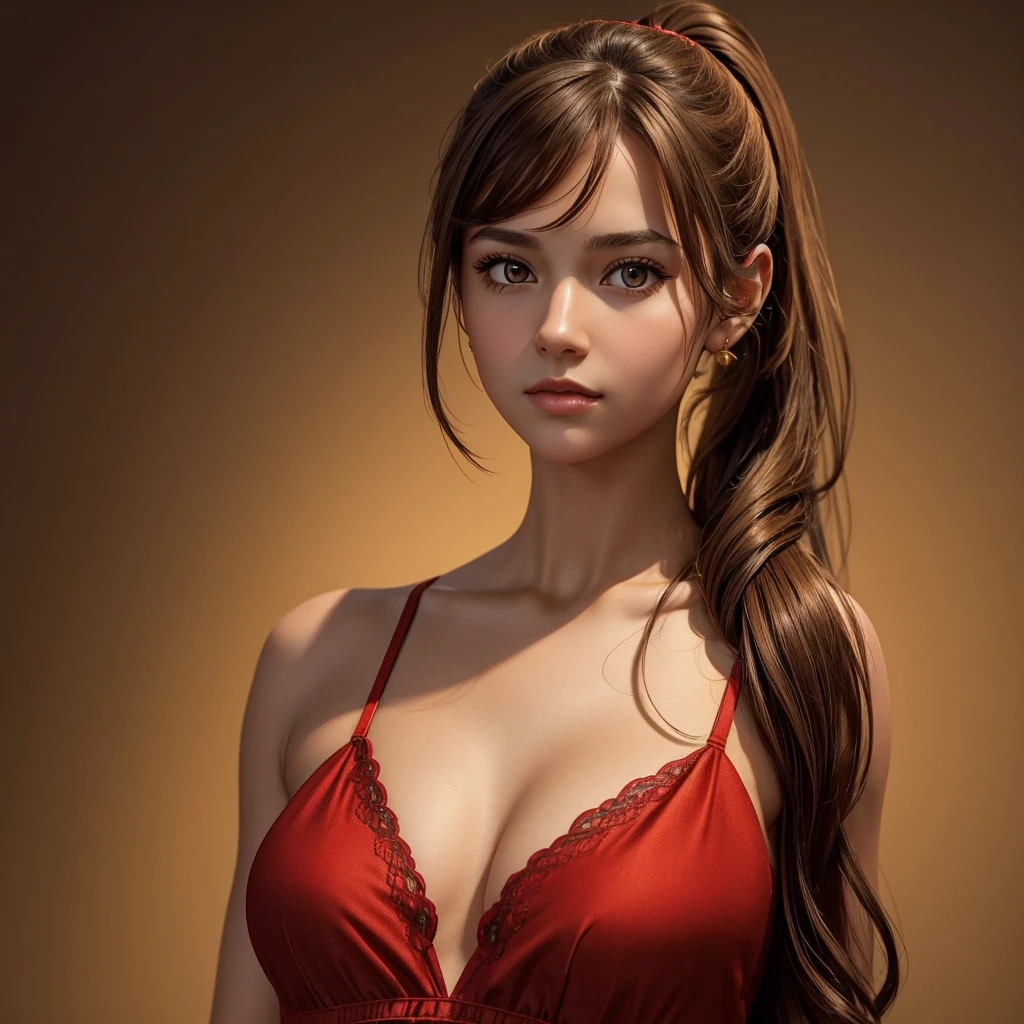 A highly detailed and realistic 1girl with brown hair in a ponytail, wearing a red bra dress, standing in front of a simple gold color background, giving a cute stare, with an eclipse background, masterpiece, high quality, HCNONE, pixel art