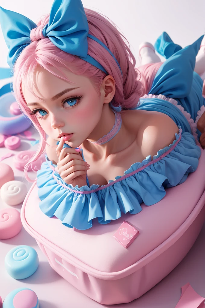 Create a logo for a candy company named after "sweet leo",dainty, blue and pink colors, White background,