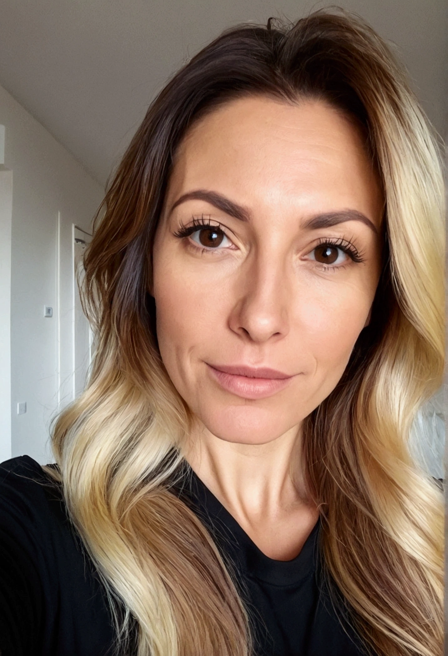 38-year-old beautiful brunette woman with blonde dyed hair takes a selfie from the phone screen