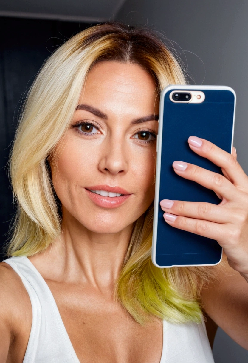 38-year-old beautiful brunette woman with blonde dyed hair takes a selfie from the phone screen