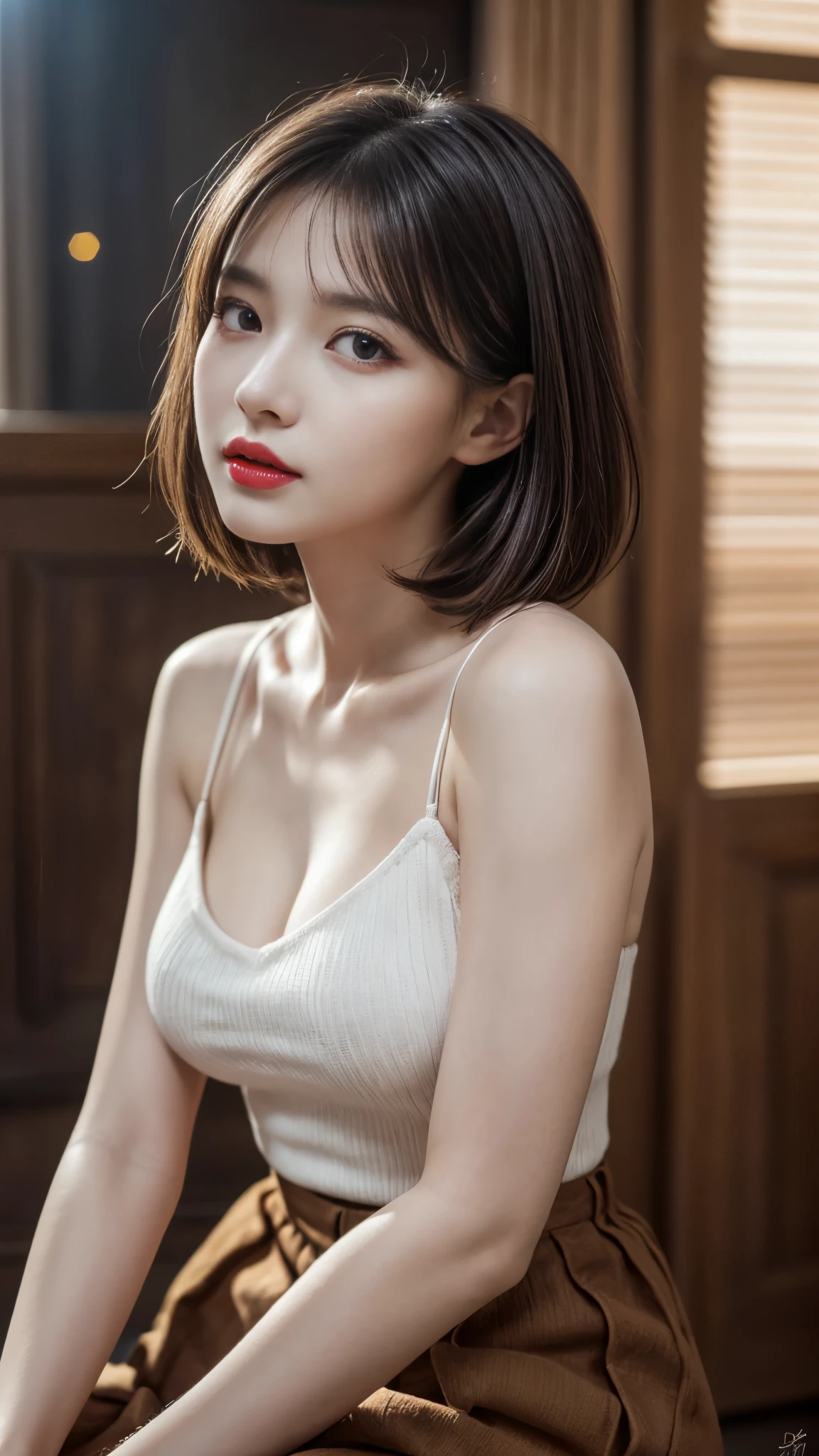 (Best quality,8k,high resolution,masterpiece:1.2),Digital Artwork, A girl,Delicate face,Delicate eyes,Dark brown hair,Short straight hair,Shining amber eyes,Red lips,suspender long skirt,particle,dust,Warm colors,shy,in love,Eevee drawing,(HD skin),Shallow depth of field,Film photos