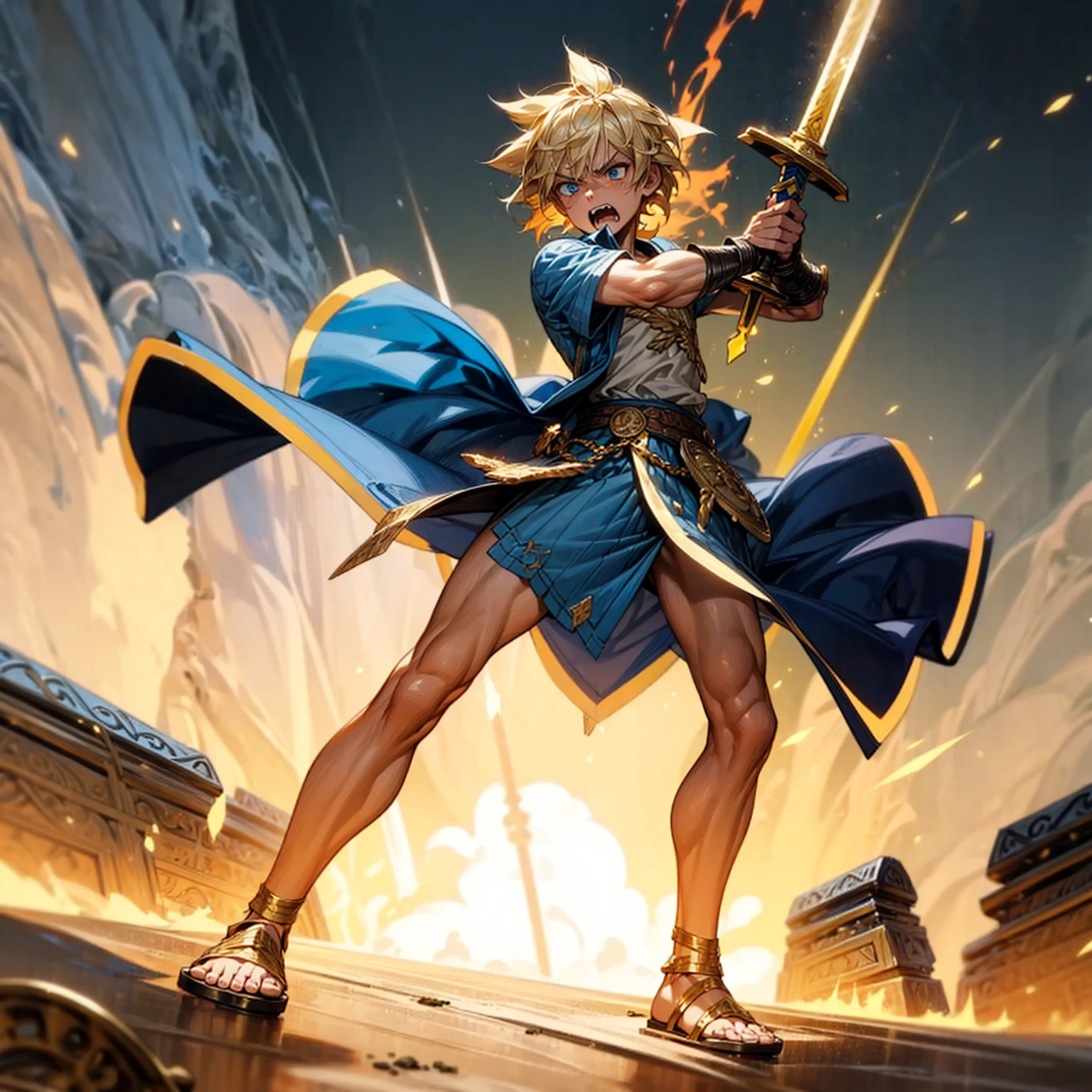 boy, Full background in beach, blue eyes, short Curly hairstyle, blonde colour hair, motion blur, lighting, gold sword in hand, sandals, ancient Greek clothing, Shield in hand, angry, angry eyes, gold armor, big muscle, gold lighting on sword, lighting on sword, fire effect, smoke effect 