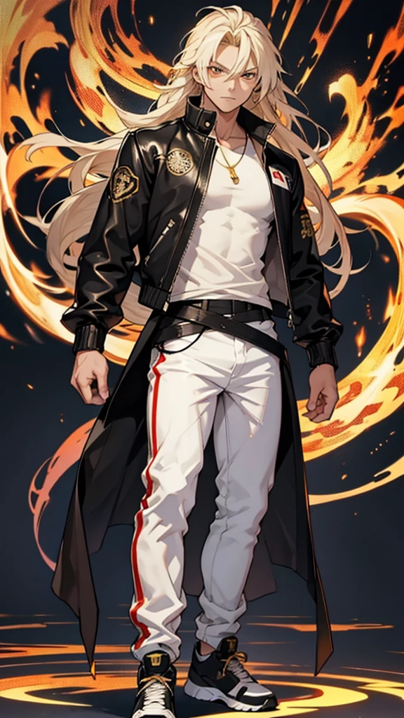 17 year old boy, 1.60 cm tall, gold eyes, long golden hair, thin and muscular, Tokyo Manji gang style and long face, fighter. anime, dressed in a white t-shirt, black long pants and a black leather jacket with leo symbol. Make the character look full body with long leather pants and big shoes. Very large and muscular body.