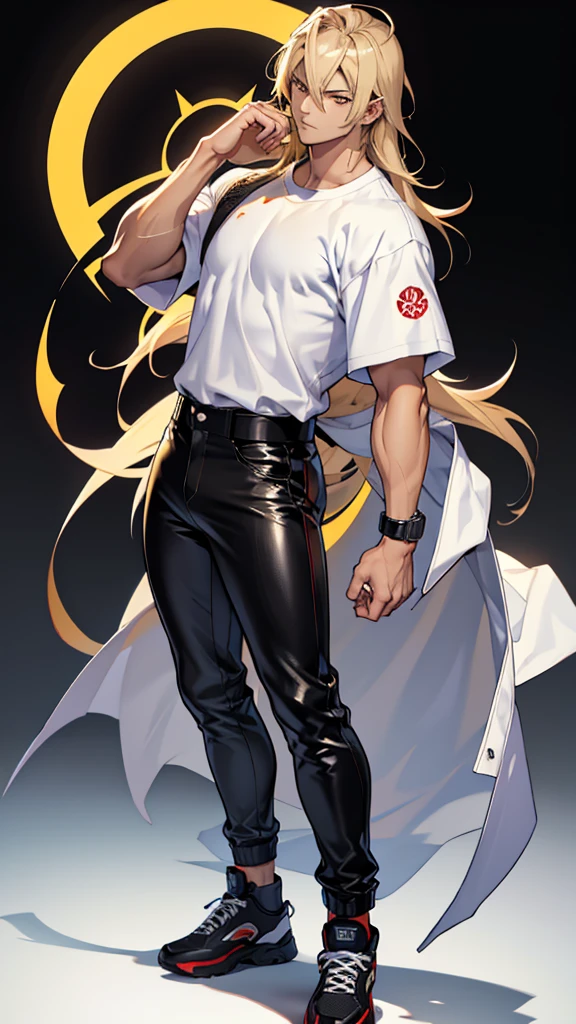 17 year old boy, 1.60 cm tall, gold eyes, long golden hair, thin and muscular, Tokyo Manji gang style and long face, fighter. anime, dressed in a white t-shirt, black long pants and a black leather jacket with leo symbol. Make the character look full body with long leather pants and big shoes. Very large and muscular body.
