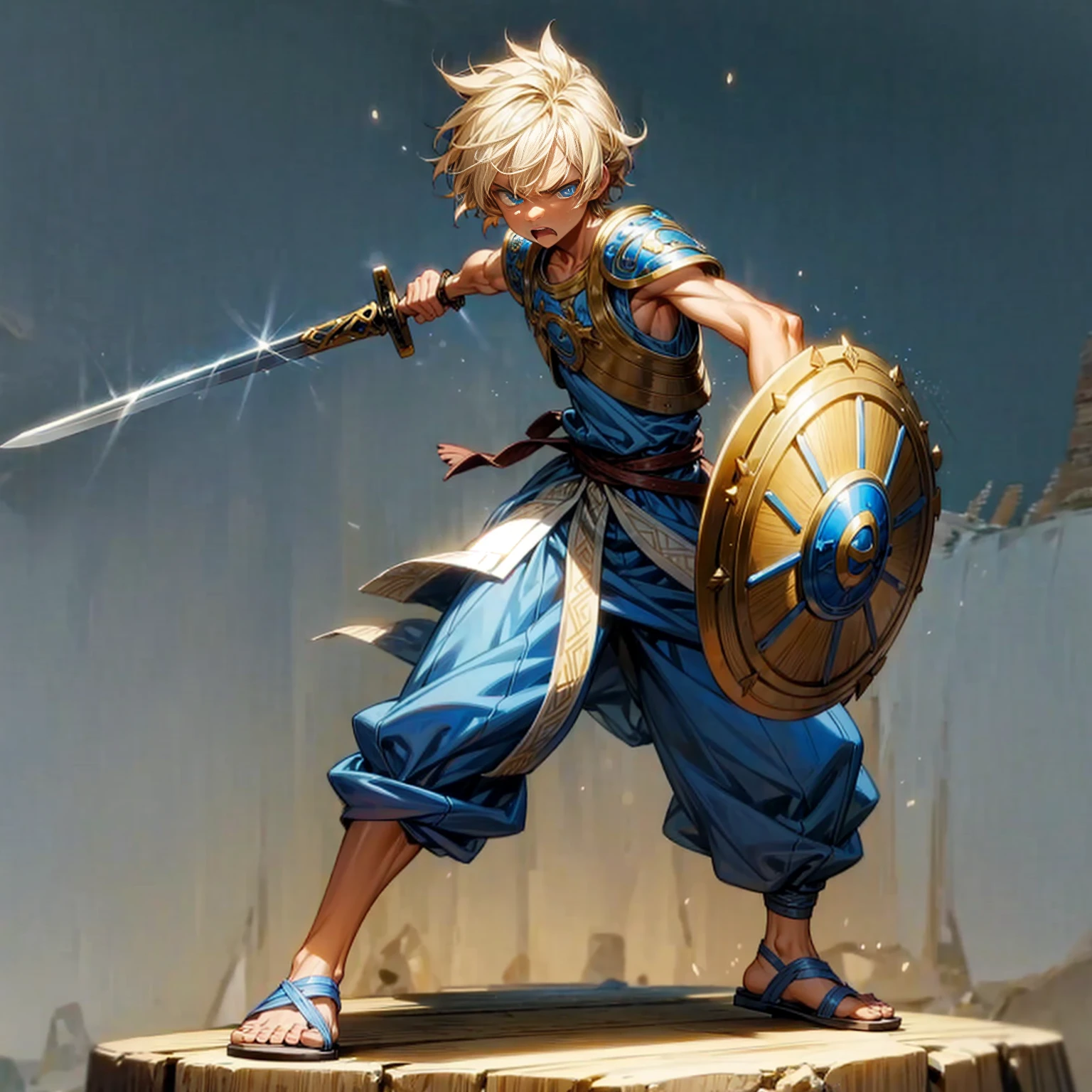 boy, Full background in beach, blue eyes, short Curly hairstyle, blonde colour hair, motion blur, lighting, sword in hand, sandals, ancient Greek clothing, Shield in hand, angry, angry eyes, armor, muscle