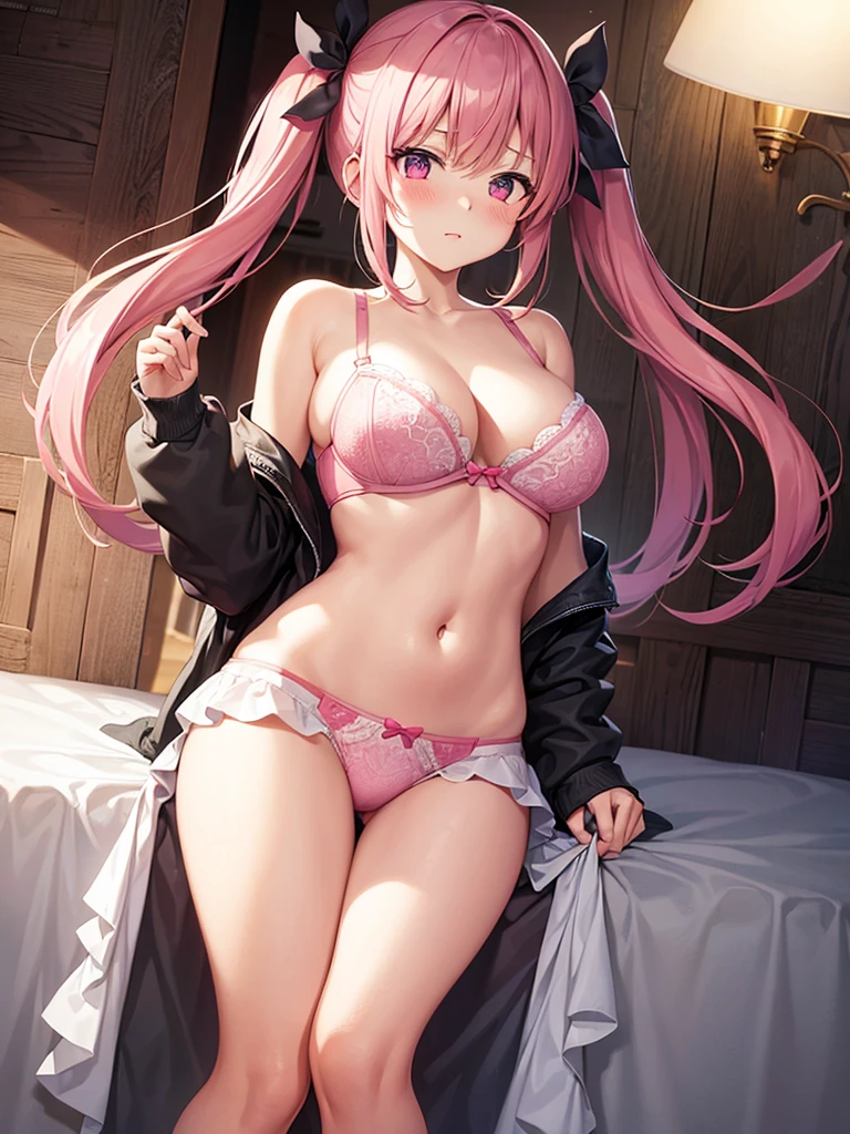 One girl, High resolution, Blushing, Character Design,bra,Pink Panties,Twin tails