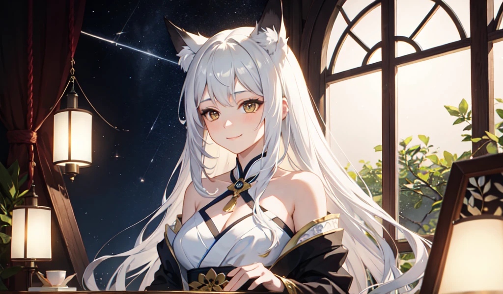 Young beautiful woman with long flowing hair, It resembles the nine-tailed silver fox from Japanese mythology., Wear a dress. Her nine tails fan out behind her. She is smiling, A thoughtful expression appears on her face.. The artwork is of the highest quality, with very detailed features. It is a masterpiece of surrealism, A fascinating play of light. The scene is illuminated by the soft light of fireflies., casting a magical ambiance. The artwork features glittering sequins, add elegance. Final image is rendered using Octane Rendering.