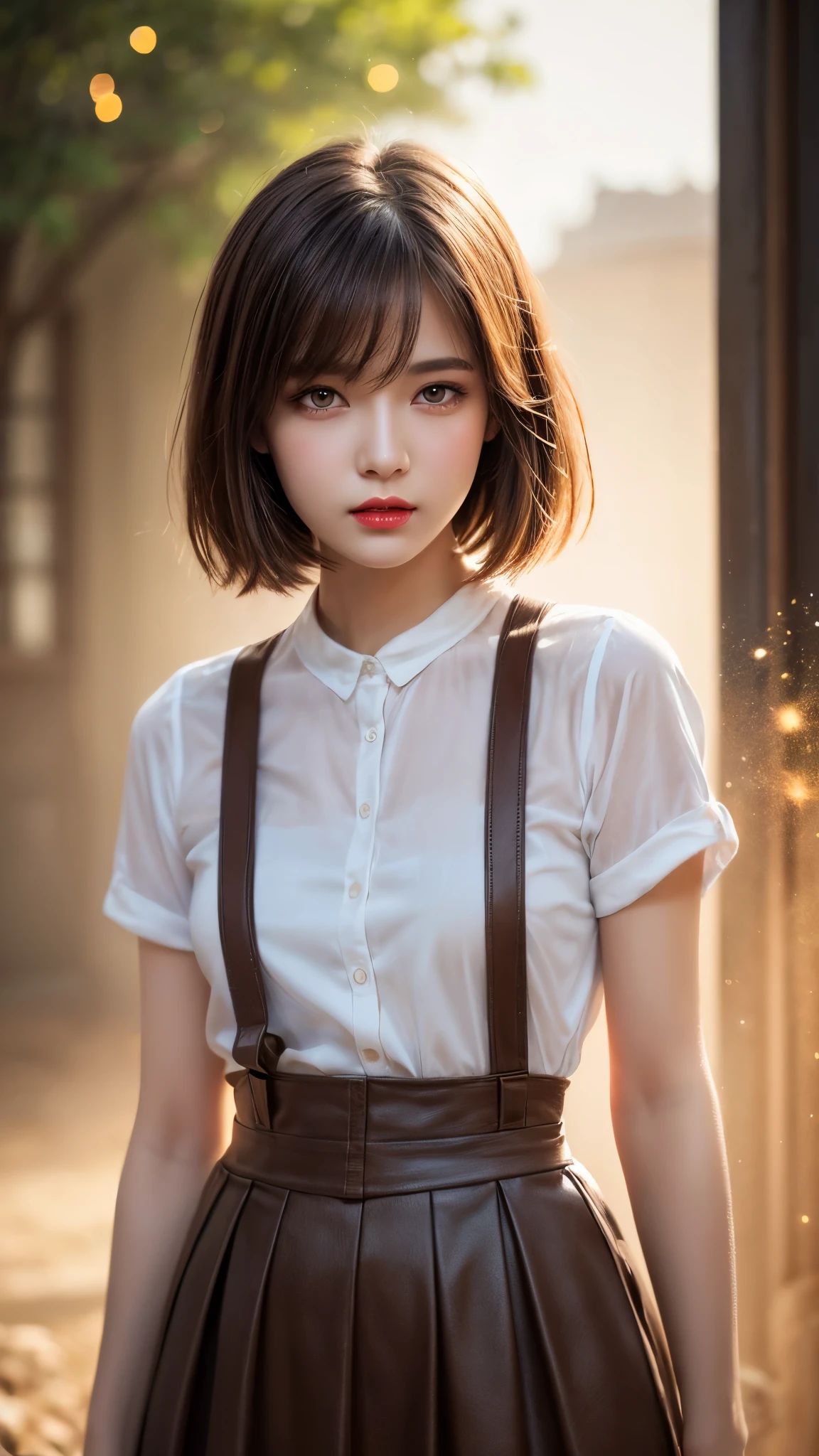 (Best quality,8k,high resolution,masterpiece:1.2),Digital Artwork, A girl,Delicate face,Delicate eyes,Dark brown hair,Short straight hair,Shining amber eyes,Red lips,suspender long skirt,particle,dust,Warm colors,shy,in love,Eevee drawing,(HD skin),Shallow depth of field,Film photos