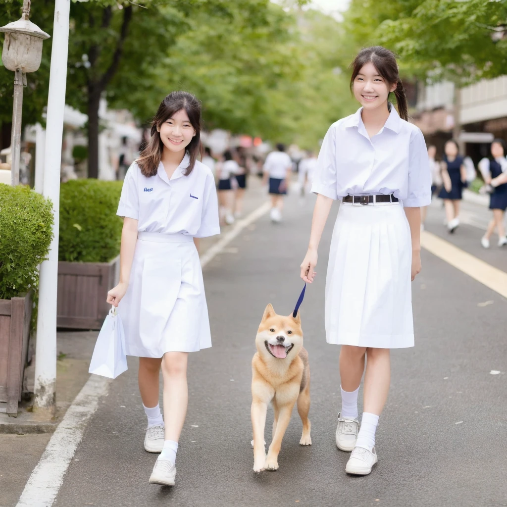 A 17-year-old Japanese woman walking a small reddish-brown Shiba Inu、Stylish uniform(White shirt and skirt)、Medium Hair、A confident smile、Walking through the shopping district。(Highest quality、8k、masterpiece:1.3)、(Very detailed、Real、High resolution)